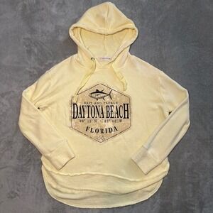 Ocean Drive Daytona Beach Hoodie Women Size M Yellow Graphic Pullover Asym Hem